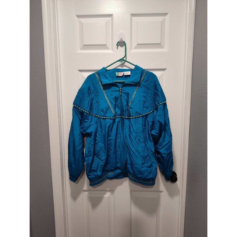 Vintage‎ Bold Spirit Jacket Womens Large Turquoise Gold Full Zip Windbreaker 80s